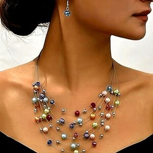 3 Pc Necklace Earrings Silvery Glass Beaded Necklaces Crystal Beaded Earrings